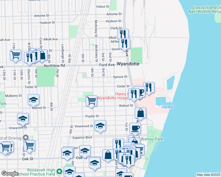 map of restaurants, bars, coffee shops, grocery stores, and more near 223 Cedar Street in Wyandotte