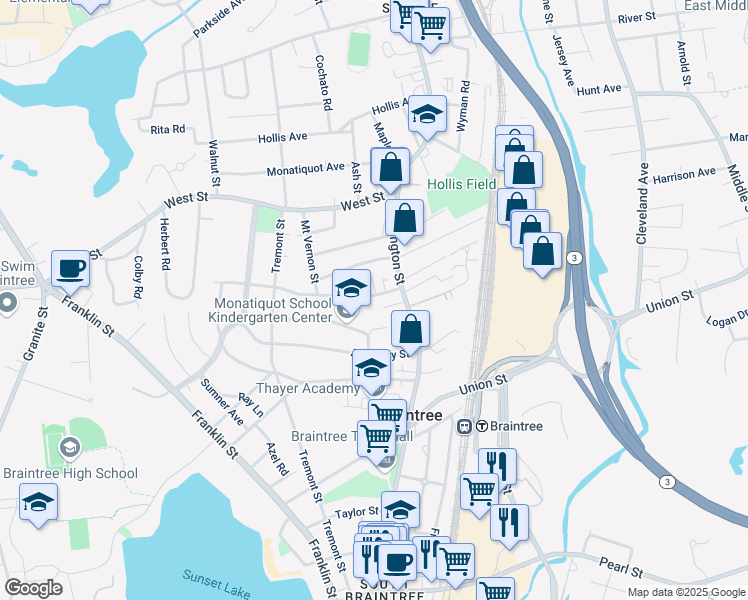 map of restaurants, bars, coffee shops, grocery stores, and more near 22 Weston Avenue in Braintree