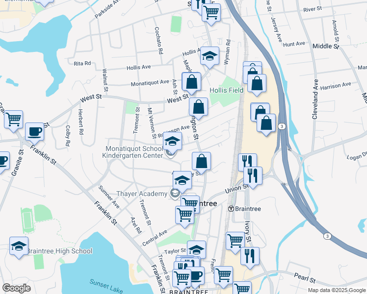 map of restaurants, bars, coffee shops, grocery stores, and more near 22 Weston Avenue in Braintree