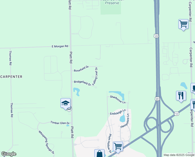 map of restaurants, bars, coffee shops, grocery stores, and more near 5315 Falling Leaf Drive in Ann Arbor