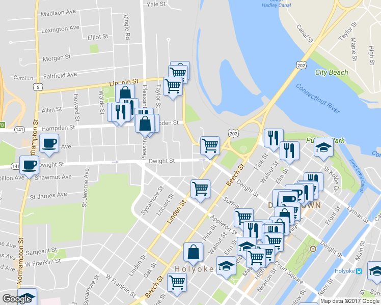 map of restaurants, bars, coffee shops, grocery stores, and more near 13 School Street in Holyoke