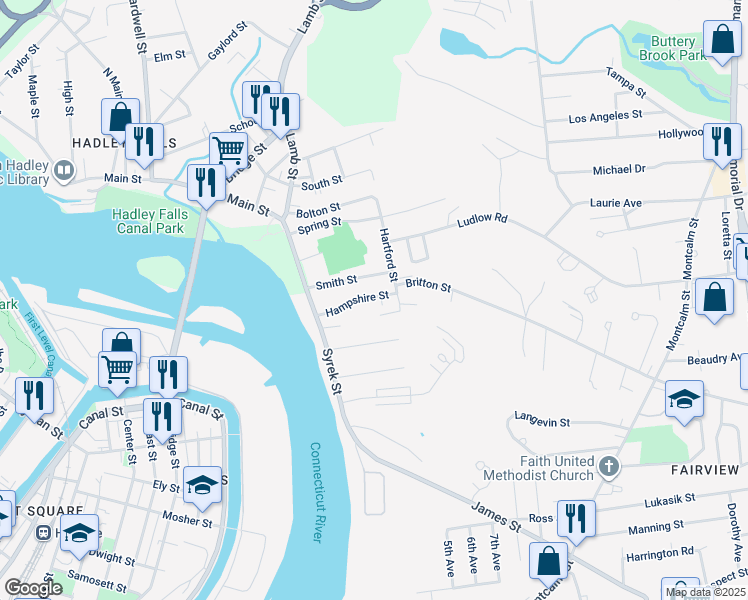 map of restaurants, bars, coffee shops, grocery stores, and more near 69 Hampshire Street in Chicopee