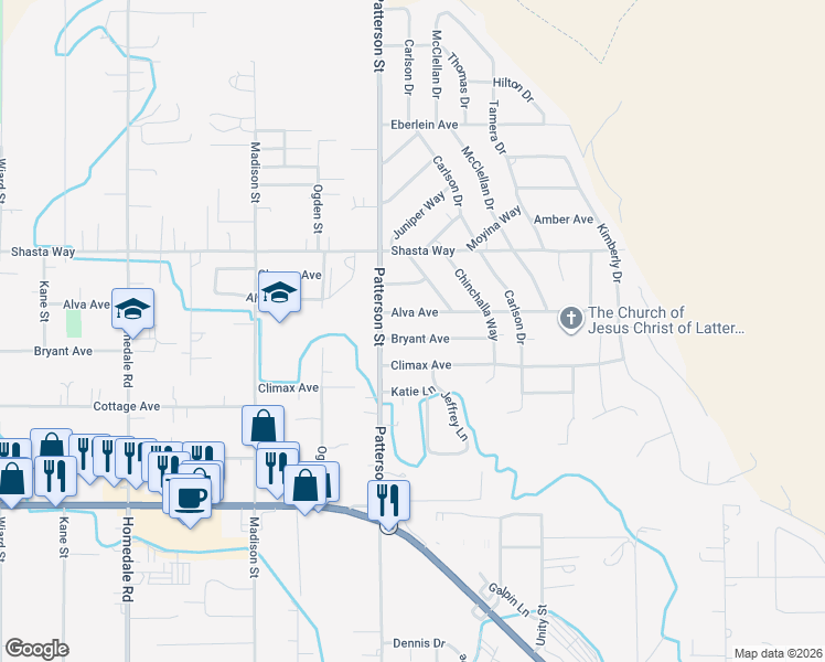 map of restaurants, bars, coffee shops, grocery stores, and more near 6315 Bryant Avenue in Klamath Falls