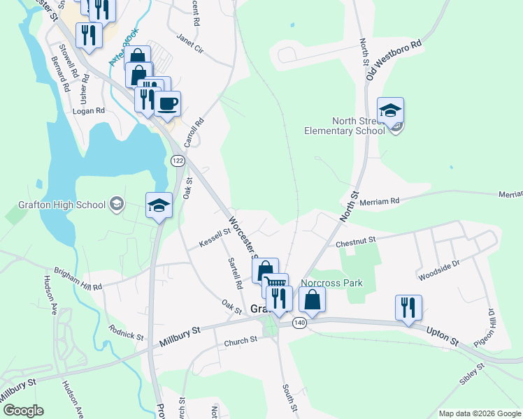 map of restaurants, bars, coffee shops, grocery stores, and more near 7 Virginia Circle in Grafton