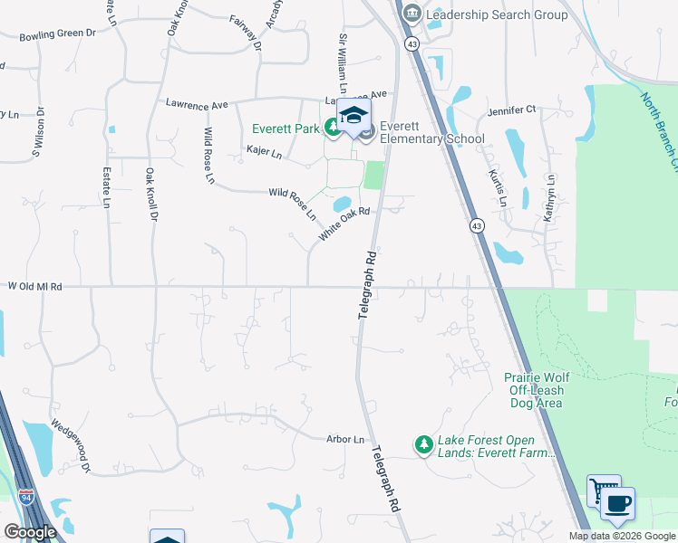 map of restaurants, bars, coffee shops, grocery stores, and more near 1160 Old Mill Road in Lake Forest