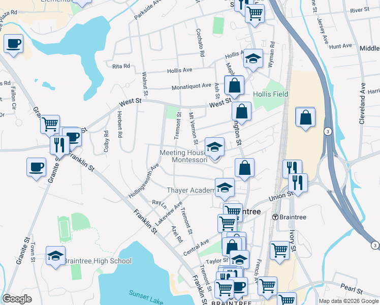 map of restaurants, bars, coffee shops, grocery stores, and more near 92 Weston Avenue in Braintree