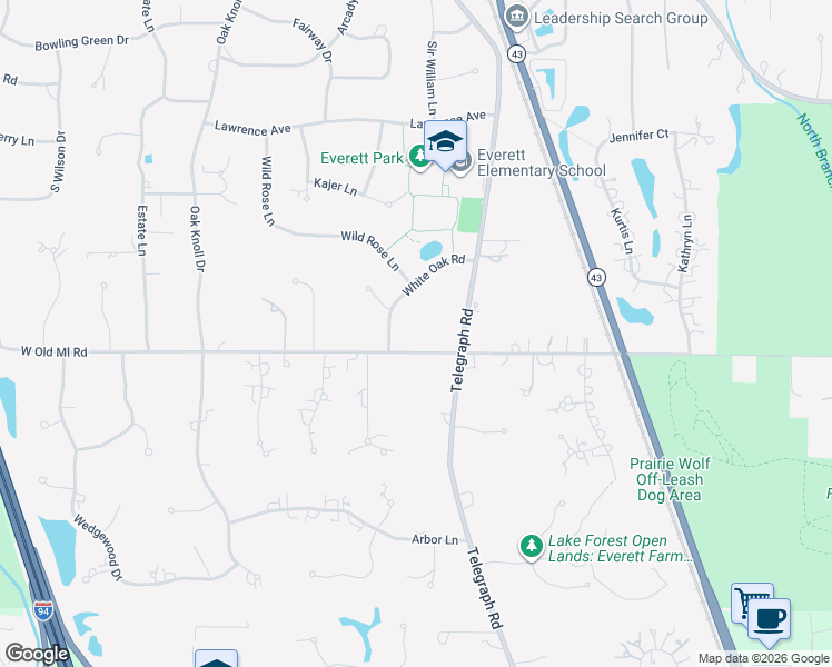 map of restaurants, bars, coffee shops, grocery stores, and more near 1160 Old Mill Road in Lake Forest