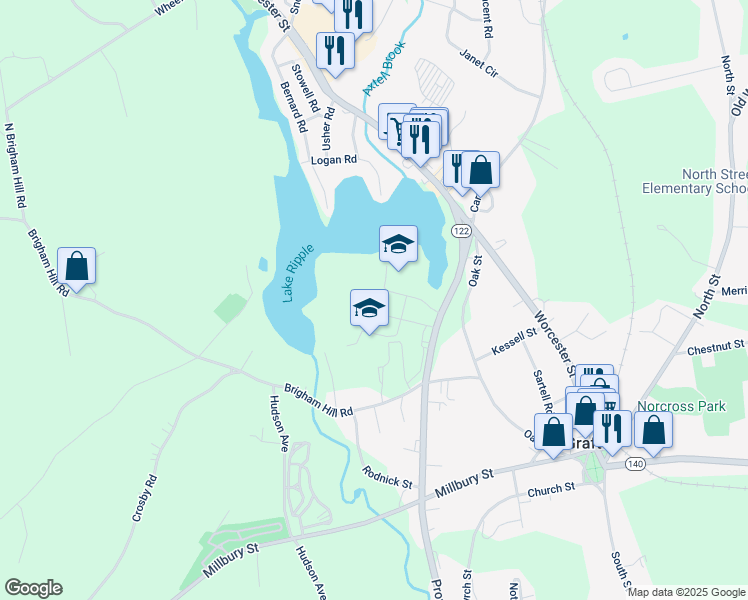 map of restaurants, bars, coffee shops, grocery stores, and more near 24 Providence Road in Grafton