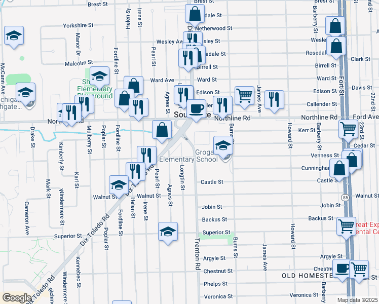map of restaurants, bars, coffee shops, grocery stores, and more near 13249 Longtin Street in Southgate