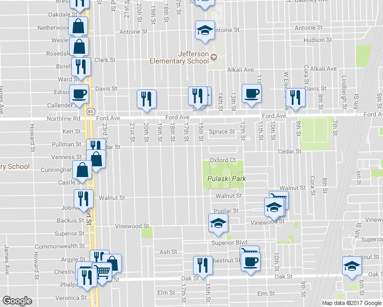 map of restaurants, bars, coffee shops, grocery stores, and more near 2233 17th Street in Wyandotte