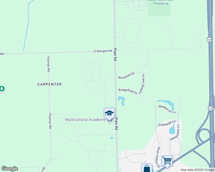 map of restaurants, bars, coffee shops, grocery stores, and more near 5258 Platt Road in Ann Arbor