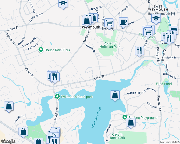 map of restaurants, bars, coffee shops, grocery stores, and more near 197 Lake Street in Weymouth