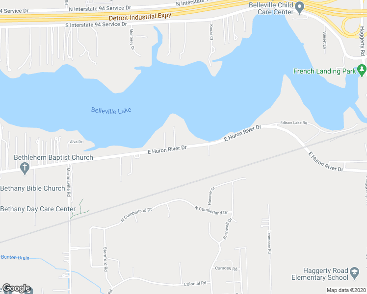 map of restaurants, bars, coffee shops, grocery stores, and more near 42301 East Huron River Drive in Belleville
