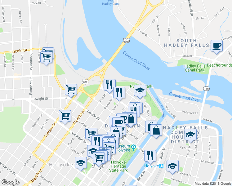 map of restaurants, bars, coffee shops, grocery stores, and more near 36 Saint Kolbe Drive in Holyoke