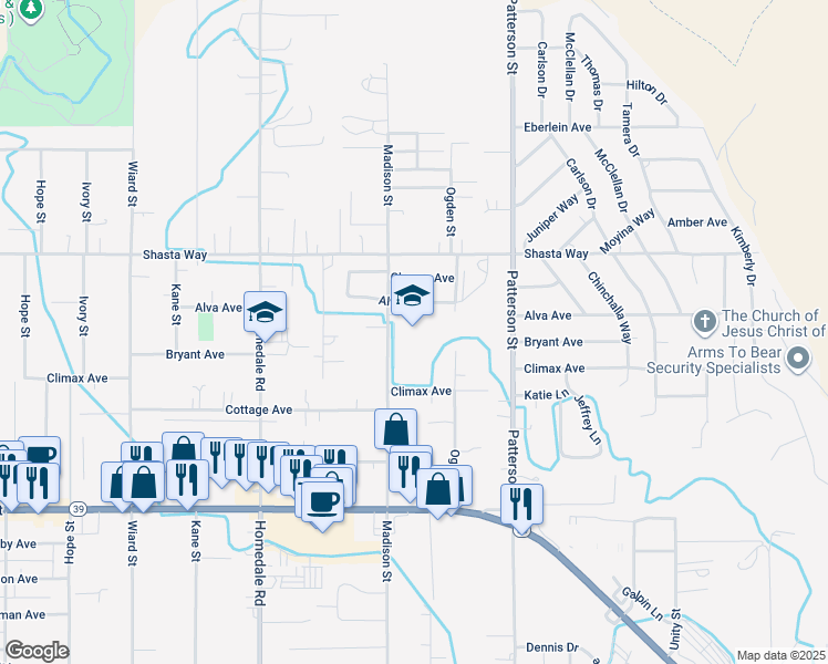 map of restaurants, bars, coffee shops, grocery stores, and more near 1951 Madison Street in Klamath Falls