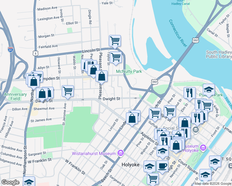 map of restaurants, bars, coffee shops, grocery stores, and more near 9 O'Connor Avenue in Holyoke