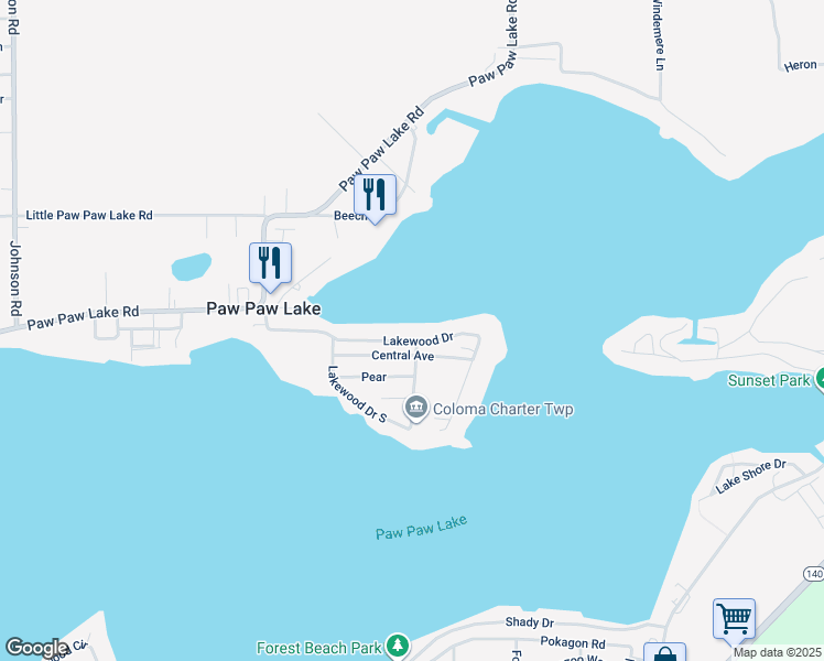 map of restaurants, bars, coffee shops, grocery stores, and more near 7909 Lakewood Drive South in Coloma
