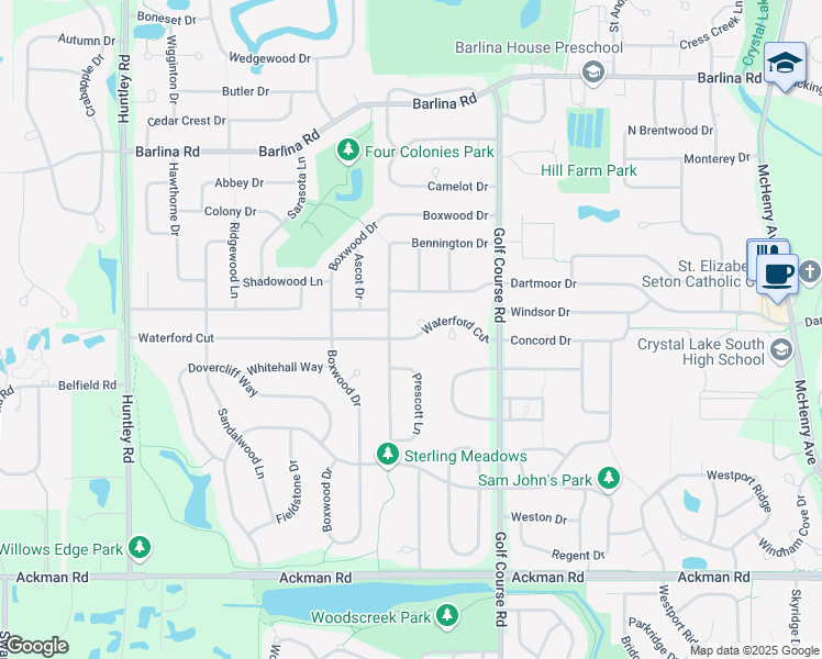 map of restaurants, bars, coffee shops, grocery stores, and more near 900 Waterford Cut in Crystal Lake