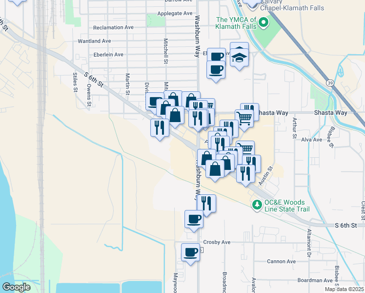 map of restaurants, bars, coffee shops, grocery stores, and more near 2532 South 6th Street in Klamath Falls