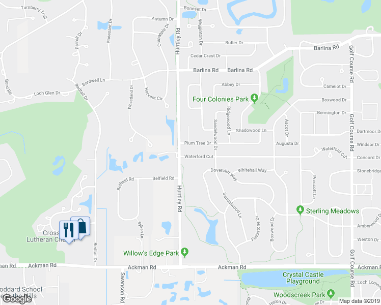 map of restaurants, bars, coffee shops, grocery stores, and more near 1162 Waterford Cut in Crystal Lake