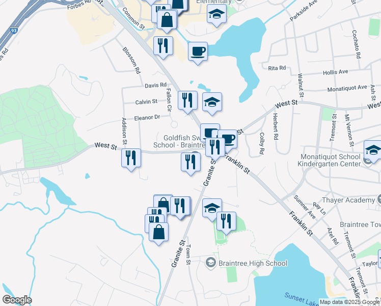 map of restaurants, bars, coffee shops, grocery stores, and more near 400 West Street in Braintree