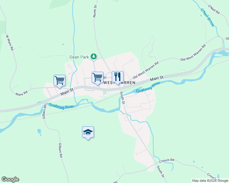map of restaurants, bars, coffee shops, grocery stores, and more near 2162 Main Street in Warren