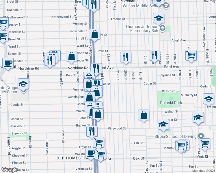 map of restaurants, bars, coffee shops, grocery stores, and more near 2233 22nd Street in Wyandotte