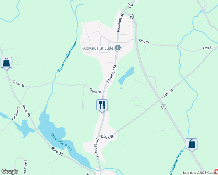 map of restaurants, bars, coffee shops, grocery stores, and more near 587 Pleasant Street in Leicester