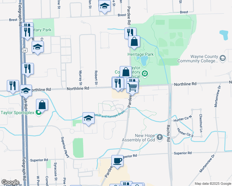 map of restaurants, bars, coffee shops, grocery stores, and more near 22789 Northline Road in Taylor