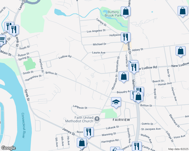 map of restaurants, bars, coffee shops, grocery stores, and more near 59 New Ludlow Road in Chicopee