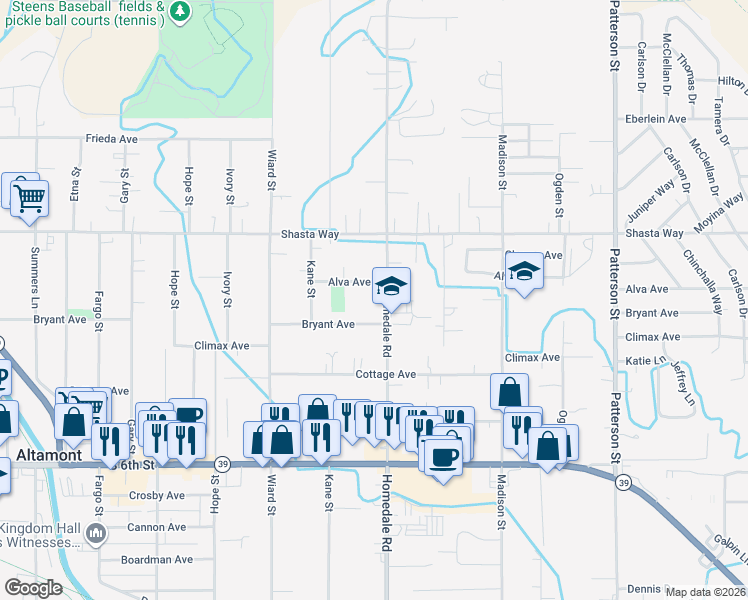 map of restaurants, bars, coffee shops, grocery stores, and more near 5329 Bryant Avenue in Klamath Falls