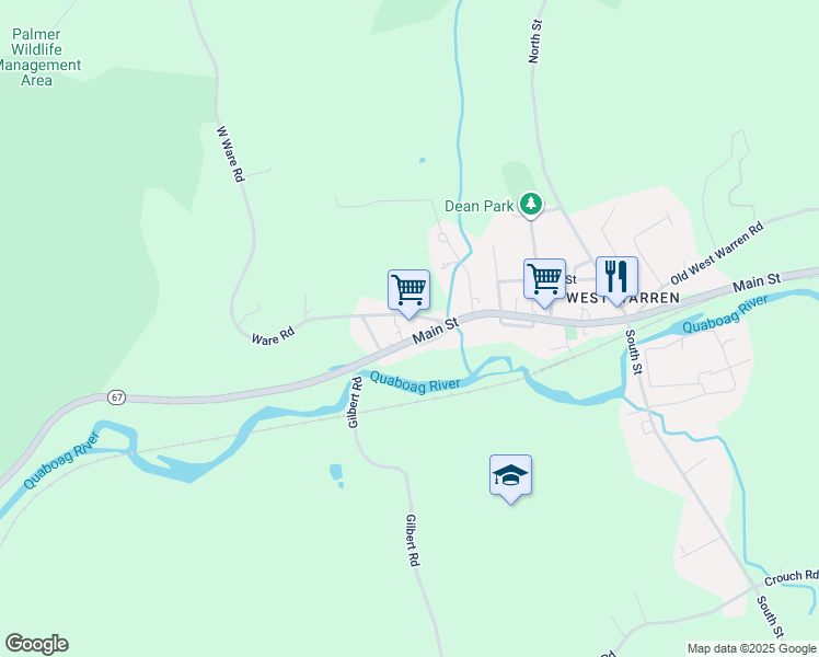 map of restaurants, bars, coffee shops, grocery stores, and more near 2370 Main Street in Warren