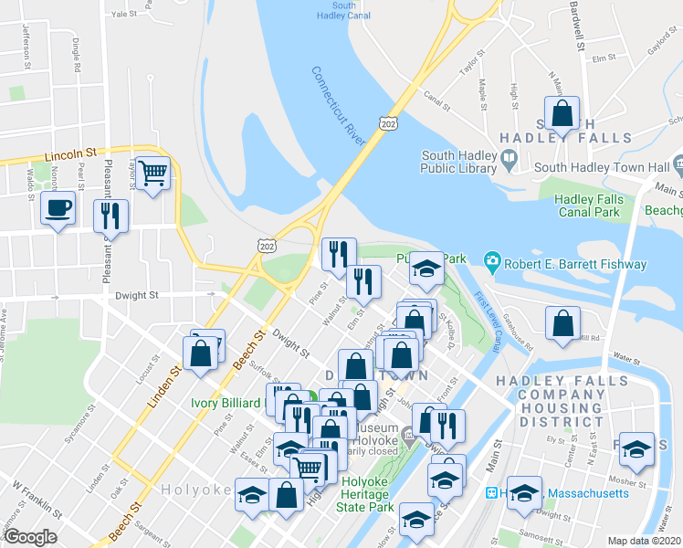 map of restaurants, bars, coffee shops, grocery stores, and more near 49 Saint Kolbe Drive in Holyoke