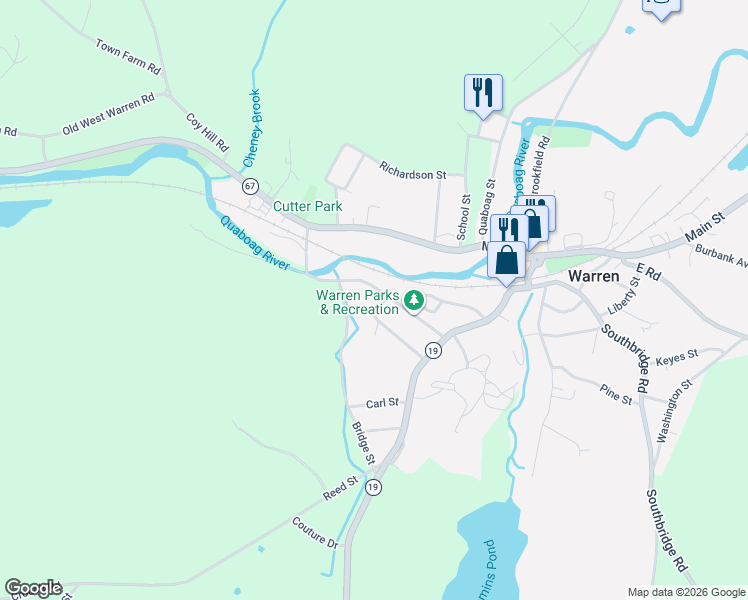 map of restaurants, bars, coffee shops, grocery stores, and more near 83 Mechanic Street in Warren
