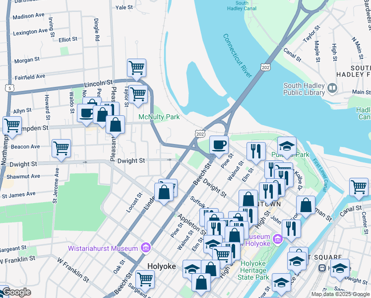 map of restaurants, bars, coffee shops, grocery stores, and more near 16 Linden Street in Holyoke
