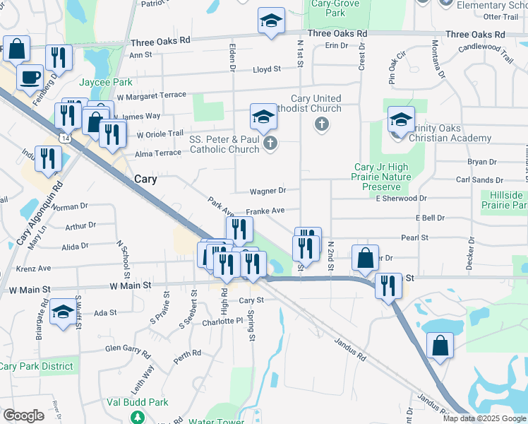 map of restaurants, bars, coffee shops, grocery stores, and more near 198 Burton Avenue in Cary