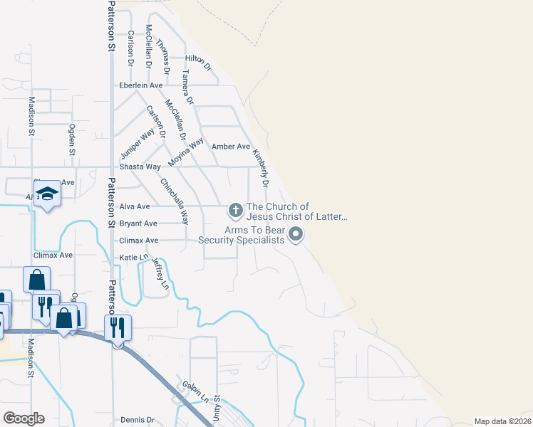 map of restaurants, bars, coffee shops, grocery stores, and more near Kimberly Drive in Klamath Falls