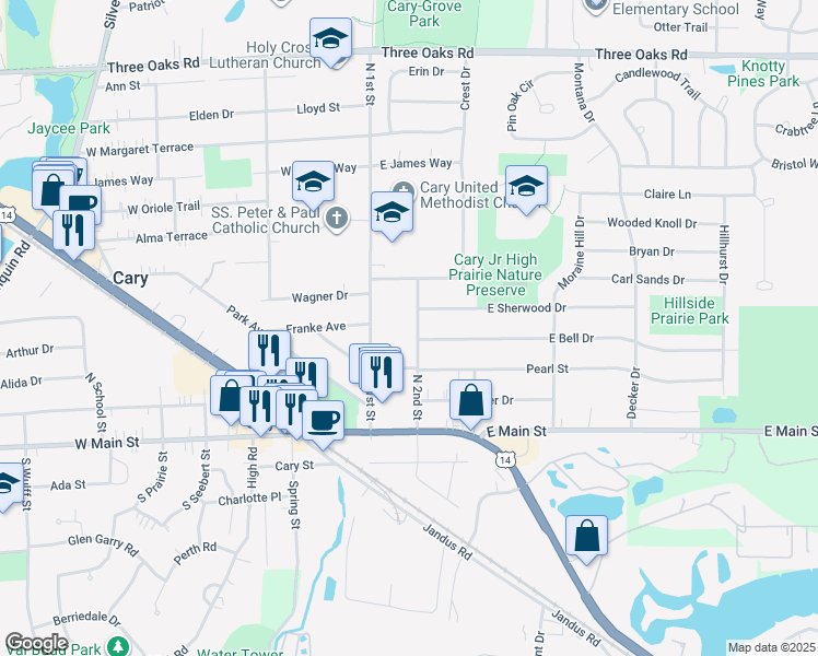 map of restaurants, bars, coffee shops, grocery stores, and more near 229 North 2nd Street in Cary