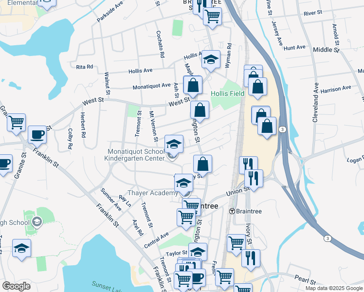 map of restaurants, bars, coffee shops, grocery stores, and more near 22 Weston Avenue in Braintree