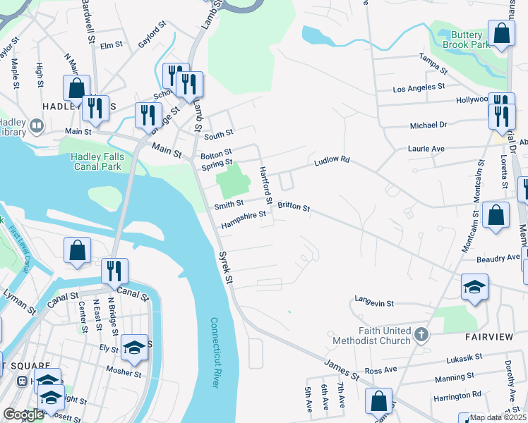 map of restaurants, bars, coffee shops, grocery stores, and more near 69 Hampshire Street in Chicopee
