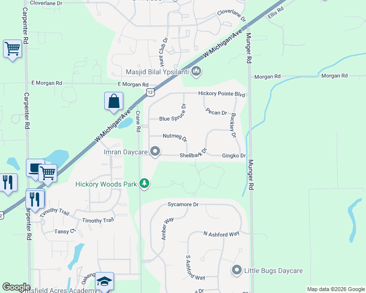 map of restaurants, bars, coffee shops, grocery stores, and more near 4693 Nutmeg Drive in Ypsilanti