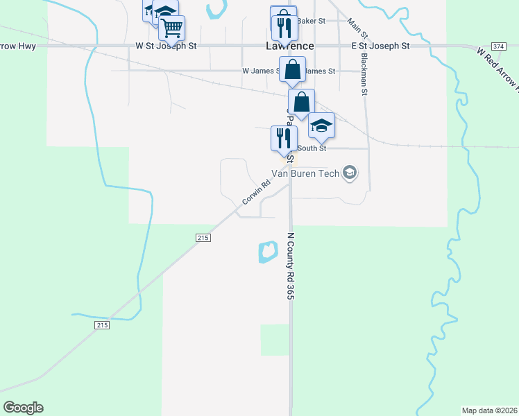 map of restaurants, bars, coffee shops, grocery stores, and more near Corwin Rd in Lawrence