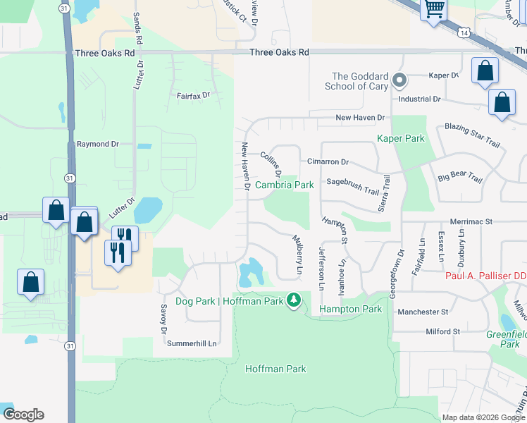 map of restaurants, bars, coffee shops, grocery stores, and more near 1306 Mulberry Lane in Cary