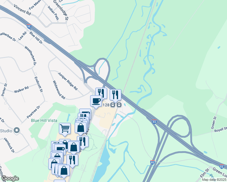 map of restaurants, bars, coffee shops, grocery stores, and more near U.S. Route 1 in Dedham