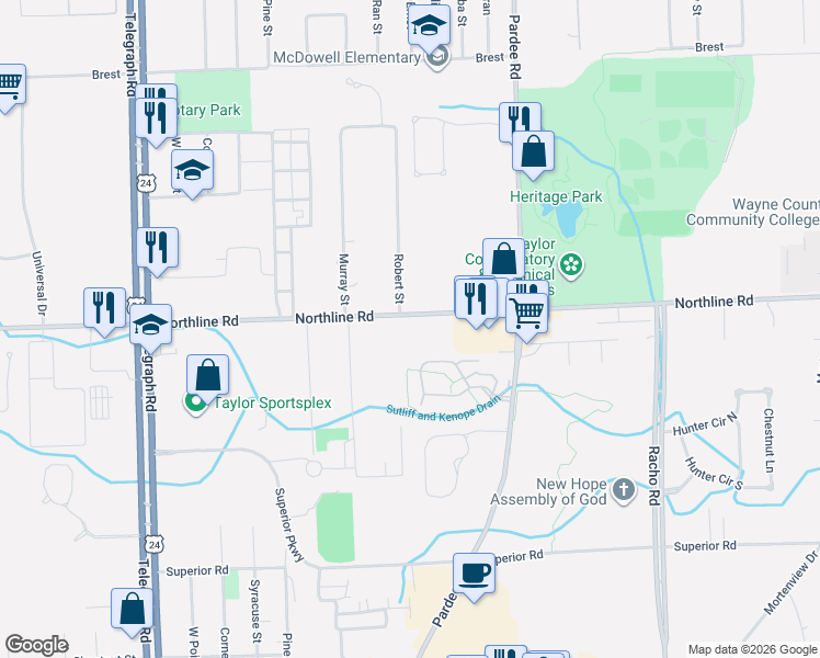 map of restaurants, bars, coffee shops, grocery stores, and more near 23033 Northline Road in Taylor