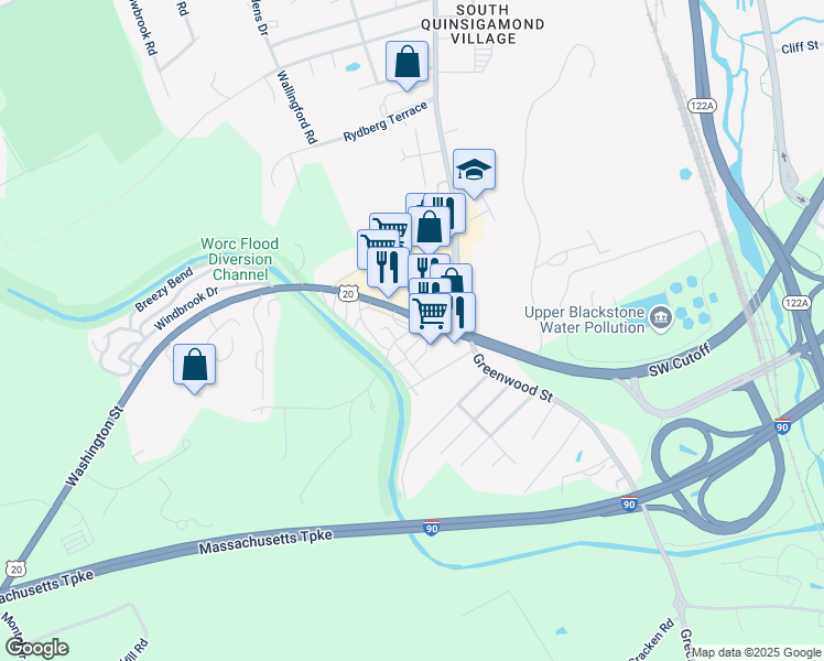 map of restaurants, bars, coffee shops, grocery stores, and more near 558 Southwest Cutoff in Worcester
