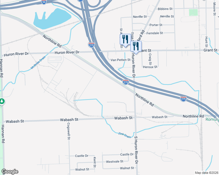 map of restaurants, bars, coffee shops, grocery stores, and more near 37500 Northline Road in Romulus