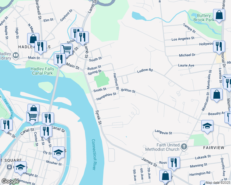 map of restaurants, bars, coffee shops, grocery stores, and more near 69 Hampshire Street in Chicopee