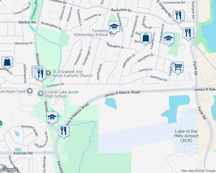 map of restaurants, bars, coffee shops, grocery stores, and more near 243 Dartmoor Drive in Crystal Lake