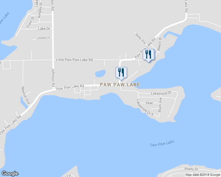 map of restaurants, bars, coffee shops, grocery stores, and more near 5595 Paw Paw Lake Road in Coloma